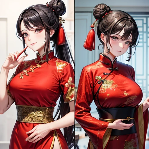Mature Woman Wearing a red Chinese dress、肉まんを作っているMature Woman Large Breasts Black Hair Bun Hair