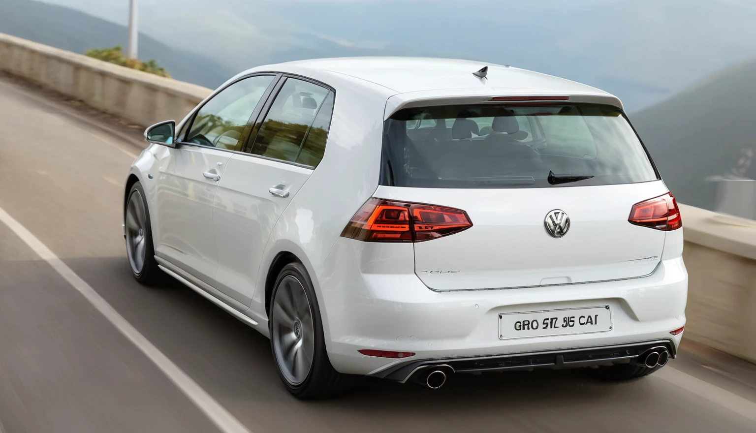 a close-up of a white Volkswagen Golf driving down a road, with a sleek spoiler, easy go, shiny white, wrx golf, rear shot, crisp smooth lines, with sleek lines and a powerful, wide screenshot, cover photo, long shot from the back, top quality picture, wide image, miniatures, commercial car photography, new design, easy