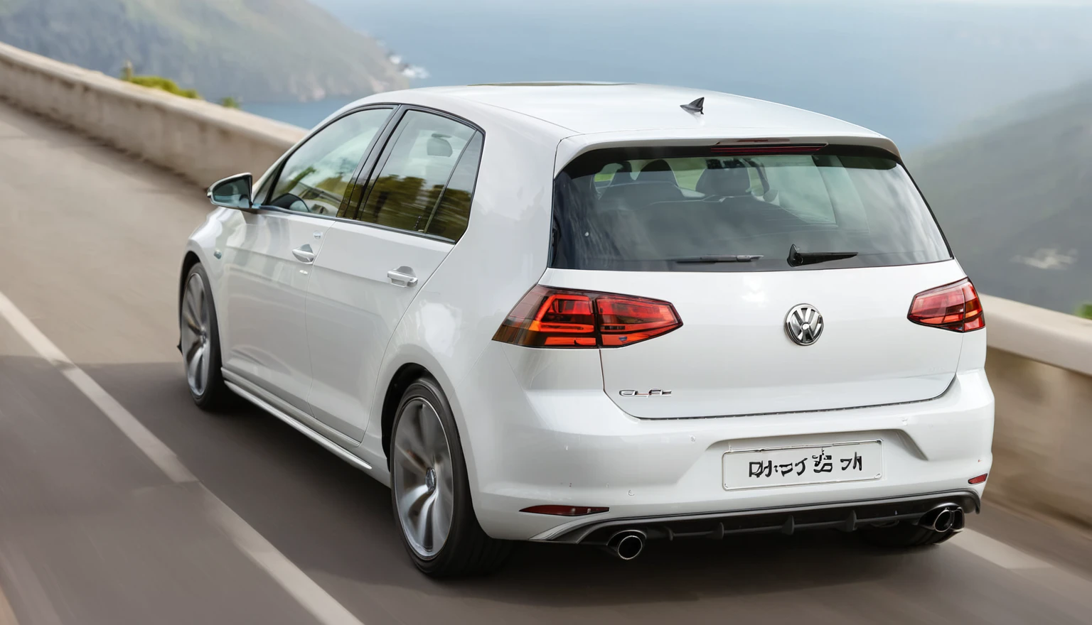 a close-up of a white Volkswagen Golf driving down a road, with a sleek spoiler, easy go, shiny white, wrx golf, rear shot, crisp smooth lines, with sleek lines and a powerful, wide screenshot, cover photo, long shot from the back, top quality picture, wide image, miniatures, commercial car photography, new design, easy