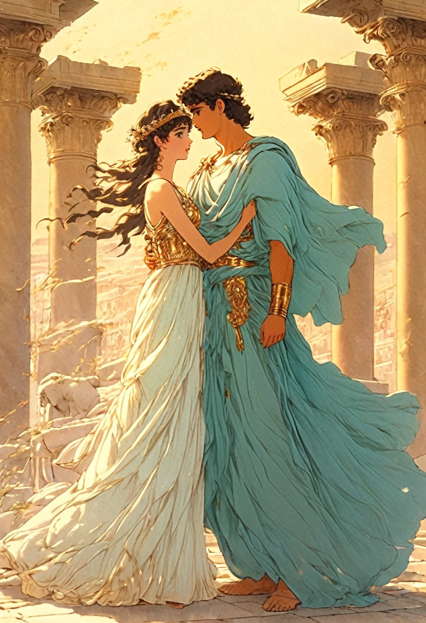 Very best quality, masterpiece , a very retro vintage kinda look feel 8K,High HD,higher rselutionHigh quality very anime semi realism In Ancient classical Athens Show a young strong powerful looking handsome youvng man a yoing very lovely woman in ancient classical greek dress fashions that is loose cooling flowy kinda thin almost filmy and in pastels and vibrant bright colors very greek very classical old ancient world look feel intricate somewhaty elaborate detaile defined looking