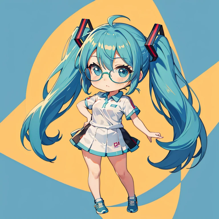 Tennis wear, Wearing glasses, hatsune miku, (chibi:1.5), full body, Big Eyes, (masterpiece), highest quality