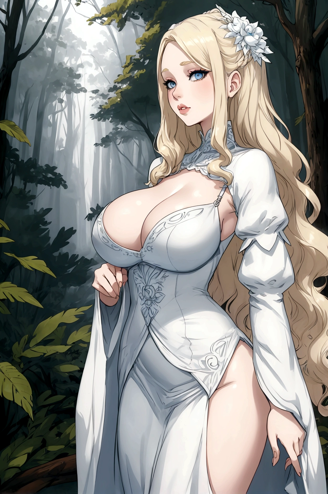 Girl very long semi curly light blonde hair, light blue eyes , pale white skin,  big breasts, thin waist, big hips, vintage style dress, gloomy forest.