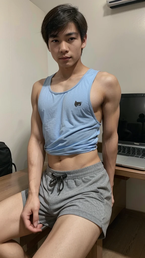 Handsome Asian boy 15 year typing with a kitty brow color, dress short pant and top tank, have laptop on the dest, very handsome, best body, bright face 