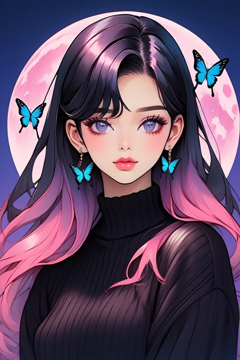 (Highest quality, sketch:1.2),Realistic,Illustrator,anime,1 Girl, Detailed lips,sweater,custom,Pink gradient background,Neon Hair,Texture Cropping,masterpiece, Style: Retro Classic, Dark Black、Braid、Under the Moon、black and purple hair、Beautiful Book、Blue butterfly hair ornament