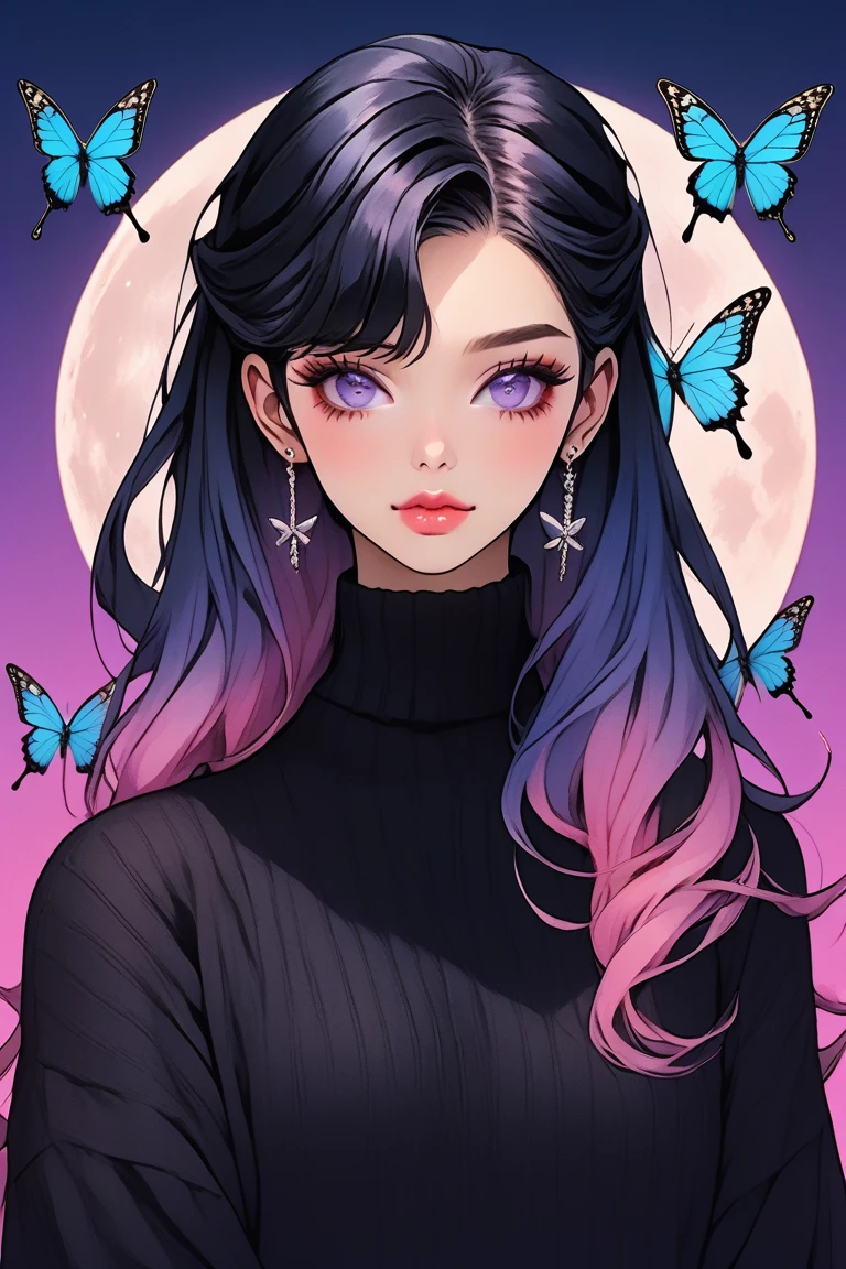 (Highest quality, sketch:1.2),Realistic,Illustrator,anime,1 Girl, Detailed lips,sweater,custom,Pink gradient background,Neon Hair,Texture Cropping,masterpiece, Style: Retro Classic, Dark Black、Braid、Under the Moon、black and purple hair、Beautiful Book、Blue butterfly hair ornament