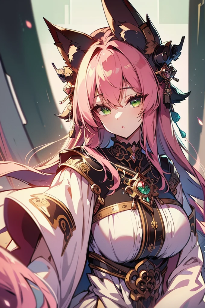yae Miko, 1 girl, \n/, animal ears, bare shoulders, Blush, chest, cherry blossoms, gag, arms separated, earring, flower, fox ears, gem, hair between the eyes, decorationsผม, Raise your hand, Japanese clothes, decorations, kimono, long hair, look at viewer, medium chest, Miko, nontraditional Miko, pink eyes, pink flower, pink hair, purple gemstone, short kimono, Side lock, smile, alone, upper body, white kimono, ((Masterpiece))