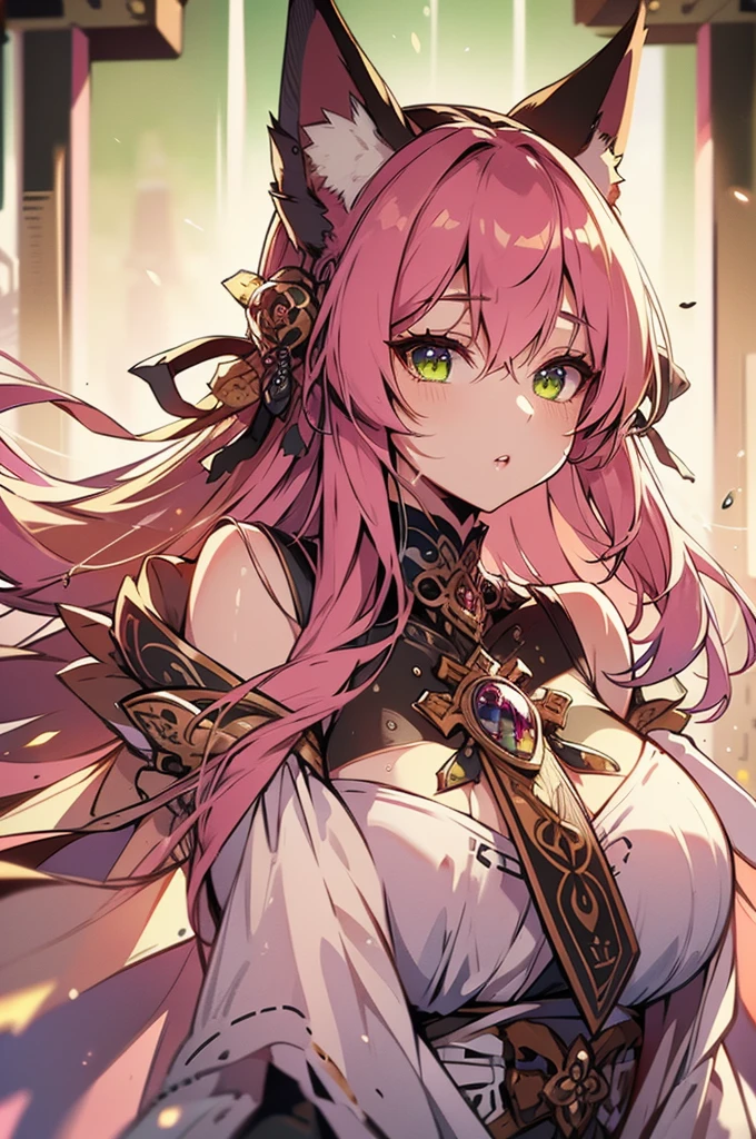1woman, solo, long hair, pink hair, black choker, green eyes, eyeliner, gorgeous lips, cinematic, (masterpiece), (best quality), (ultra-detailed), very aesthetic, illustration, perfect composition, intricate details, absurdres, detailed face, motion blur, depth of field,detailed skin, eyeshadow, fox girl, fox tail, fox ears, wet, towel on the body