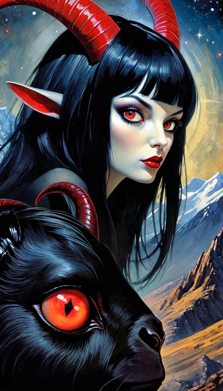1 big black satanic goat with red eyes and 1 sexy girl with black hair, dark mountain, sinister, stars, background, art inspired by Bill Sienkiewicz (best quality,4k,8k,highres,masterpiece:1.2),ultra-detailed,(realistic,photorealistic,photo-realistic:1.37),intricate details,vivid colors,sharp focus,professional,Dave McKean artwork, oil touch of surrealism,oil painting style