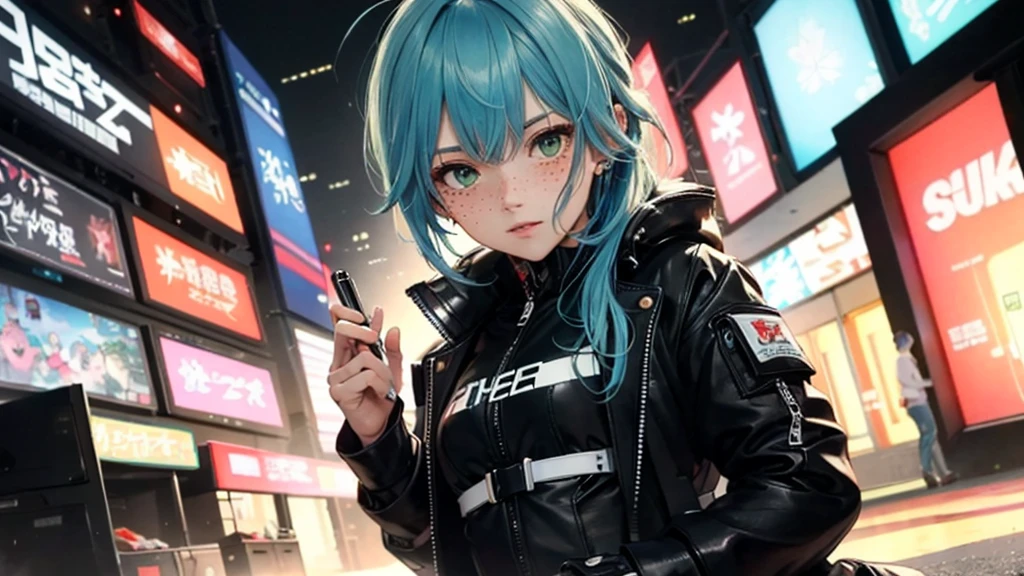 ((best qualityer)), ((work of art)), perfects eyes:1.2, holding a railgun, detailedeyes:1.4, ((freckles)), Woman, Viseira Hightech, hightech, hacker, irezumi, tatoo, technological clothing, earbuds, Messy hair, multicolored hair, hair green, Black jacke, gradient hair, leather clothing, (railgun), (High definition:1.3), 3d, comely (cyber punk:1.3), colored hair, militar, black clothes looking at the camera, hacker Woman, Leaving, sexuell, seduction, NEO Tokyo
