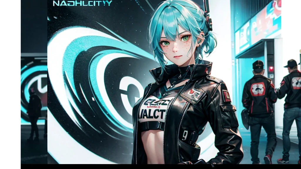 ((best qualityer)), ((work of art)), perfects eyes:1.2, holding a railgun, detailedeyes:1.4, ((freckles)), Woman, Viseira Hightech, hightech, hacker, irezumi, tatoo, technological clothing, earbuds, Messy hair, multicolored hair, hair green, Black jacke, gradient hair, leather clothing, (railgun), (High definition:1.3), 3d, comely (cyber punk:1.3), colored hair, militar, black clothes looking at the camera, hacker Woman, Leaving, sexuell, seduction, NEO Tokyo