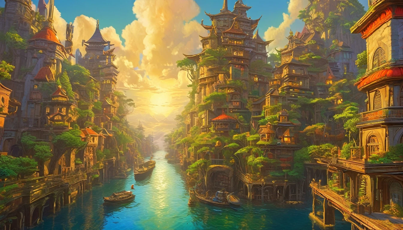 fantasy megalopolis, extremely detailed oil painting, unreal 5 render, rhads, bruce pennington, studio ghibli, tim hildebrandt, digital art, octane render, beautiful composition, trending on artstation, award-winning photograph, masterpiece