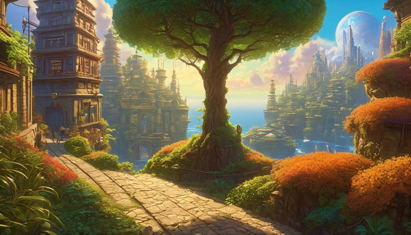 fantasy megalopolis, extremely detailed oil painting, unreal 5 render, rhads, bruce pennington, studio ghibli, tim hildebrandt, digital art, octane render, beautiful composition, trending on artstation, award-winning photograph, masterpiece