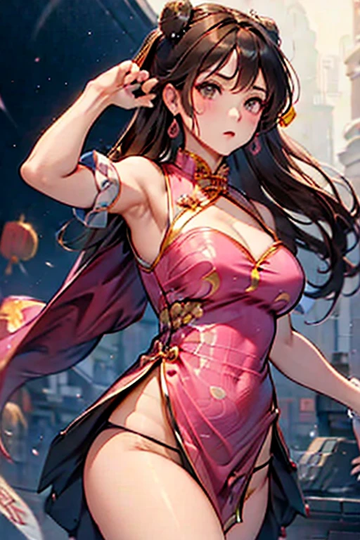 (Pink Chinese dress:1.5),alone, Chun-Li Masterpiece, Highest quality, No sleeve、Shoulder strap、(Black Panties:1.5)、Cleavage、White loincloth:2、Get angry、30 years old,highkick、Fight