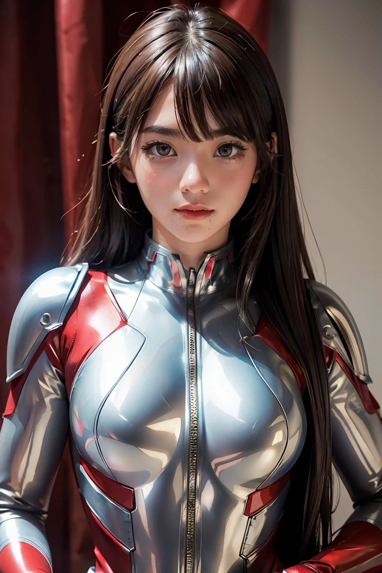 ultraman、realistic、realistic、movie light, Young woman in a shiny red and silver suit、 years、professional photos、wear&#39;Don&#39;t expose your skin., Japanese model, Japanese CGI、ultraman Suit、, Power Rangers set、Tight and thin cyber suit,Has rubber all over.、there&#39;s pink there、 delicate body, big breasts、small ass、thin thighs、Thin arms、Thin waist、camel toe、Both sides of the cybersuit cling to the skin.、Big eyes、black short hair、Facing the front、Facing the front立っている、A glowing sphere is embedded in the chest..、essay exam、 blue sky background