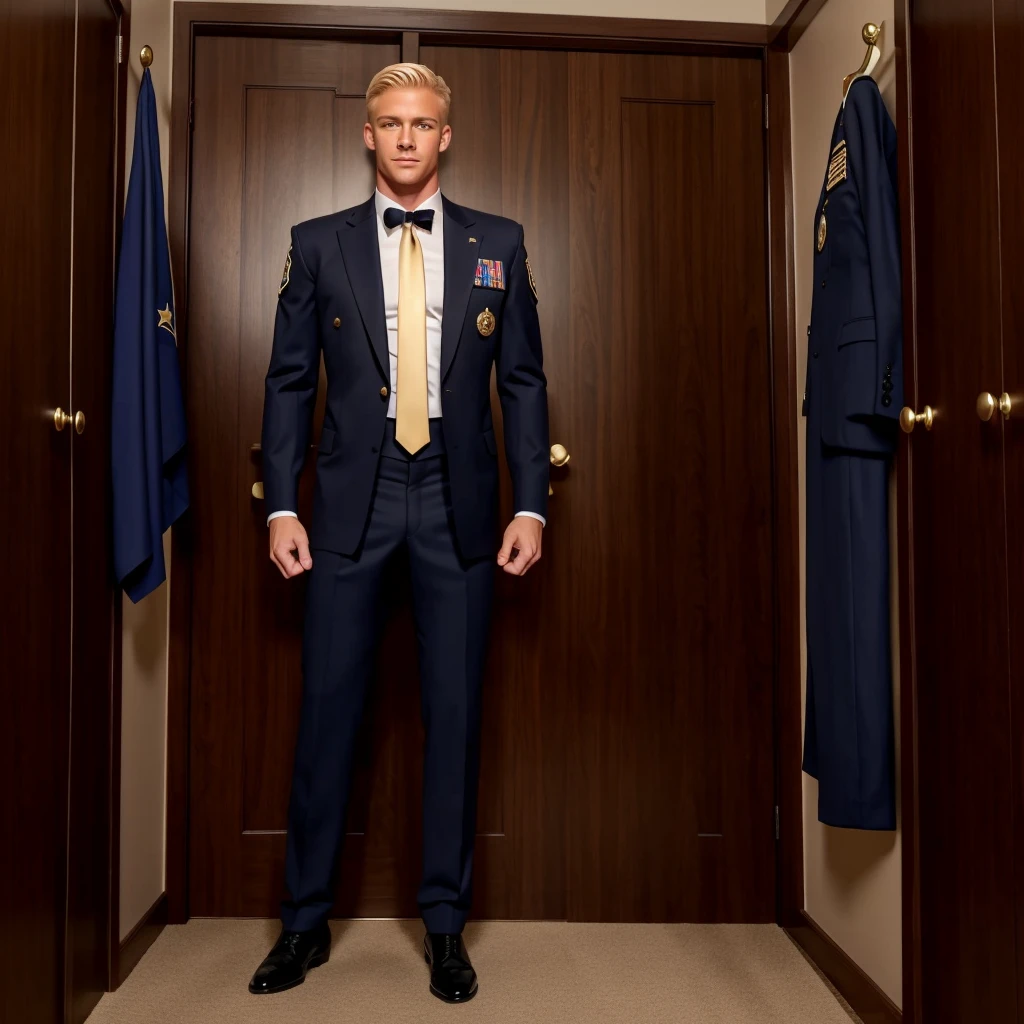 A handsome blond 17-year-old looks at the Navy SEAL's dress uniform with awards, which hangs on a suit hanger on the floor, and masturbates, he jerks off a big dick, streams of sperm from his dick fall onto his uniform.. A naked man is watching him from behind, muscular blond SEAL officer, 35, handsome and arrogant. The officer has a big penis, an erection and a boner.