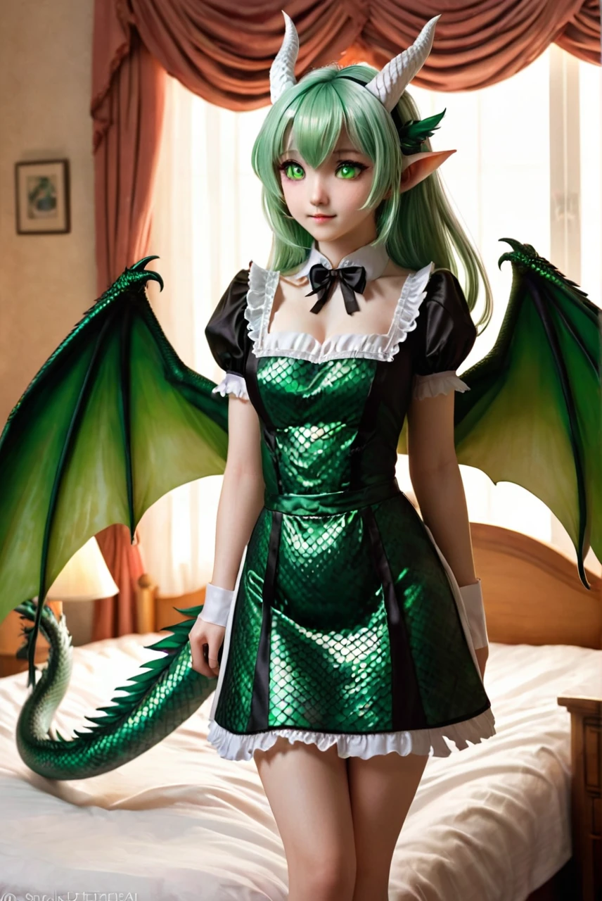 A maid stands beside a bed, illuminated by the soft morning light filtering through the curtains. She has long, soft green hair cascading over her shoulders and striking green eyes. Her white, smooth skin features patches of green scales on her wings, tail, cheeks, thighs, and the sides of her stomach. She also has small, curved horns on her head. Her wings are small and dragon-like, and her tail is covered in green scales. The scales on her body shimmer slightly in the light. She is wearing a black and white maid outfit designed to be both practical and alluring, with a form-fitting bodice and a short skirt that accentuates her graceful figure. Her outfit also has delicate lace trims and a small apron tied at the waist. Her expression is firm yet concerned as she looks down, focusing on her detailed and unique appearance. The room is softly lit with morning light, highlighting her striking features and the intricate details of her outfit and scales