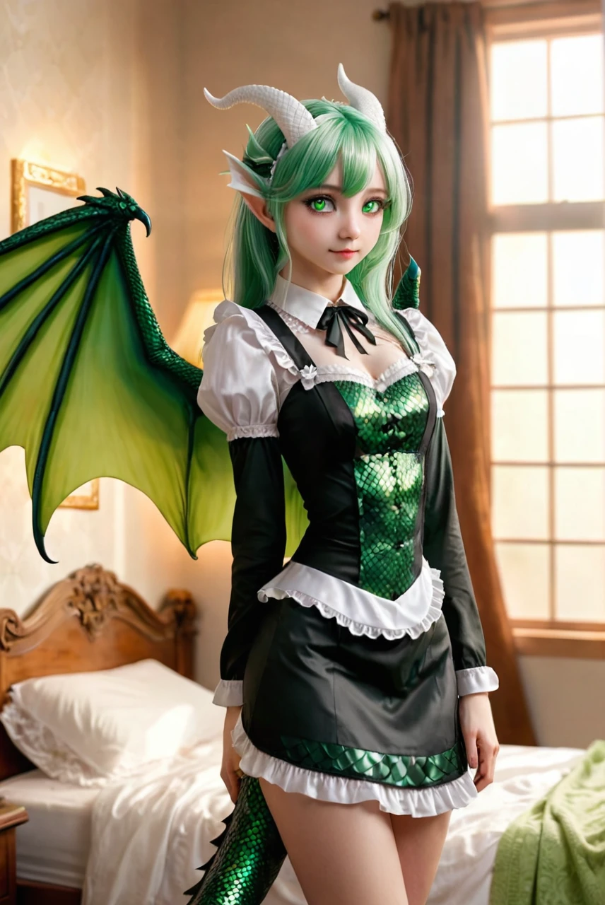 A maid stands beside a bed, illuminated by the soft morning light filtering through the curtains. She has long, soft green hair cascading over her shoulders and striking green eyes. Her white, smooth skin features patches of green scales on her wings, tail, cheeks, thighs, and the sides of her stomach. She also has small, curved horns on her head. Her wings are small and dragon-like, and her tail is covered in green scales. The scales on her body shimmer slightly in the light. She is wearing a black and white maid outfit designed to be both practical and alluring, with a form-fitting bodice and a short skirt that accentuates her graceful figure. Her outfit also has delicate lace trims and a small apron tied at the waist. Her expression is firm yet concerned as she looks down, focusing on her detailed and unique appearance. The room is softly lit with morning light, highlighting her striking features and the intricate details of her outfit and scales