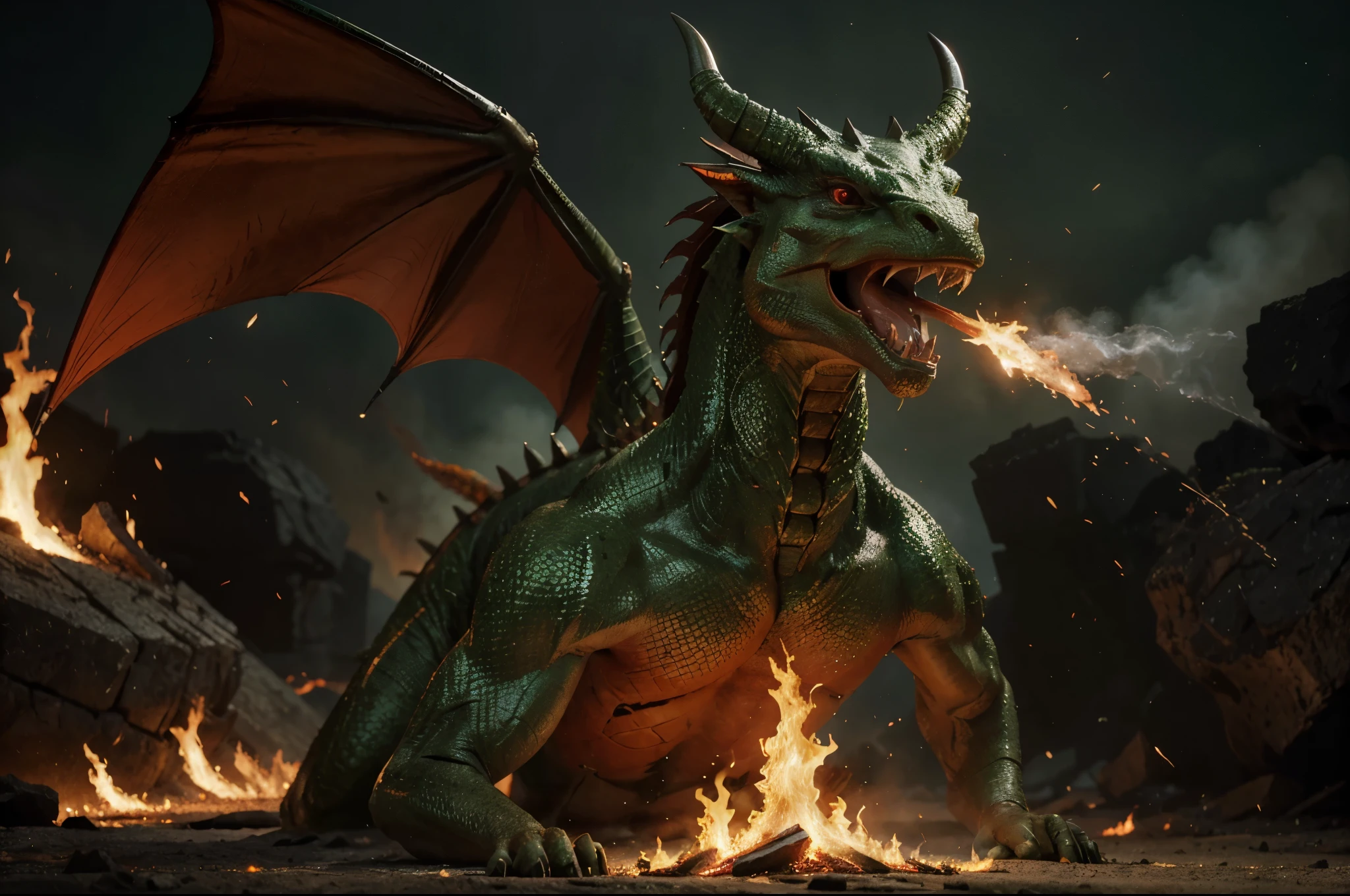 Realistic giant green and red dragon with the latest style model that emits fire from its mouth down a very large fire shaped like a sharp arrow for a cinematic image, awesome, stunning, different from the dark background.  Portrait of a mythological creature.  Fantasy art l,high resolution,HD,4K images