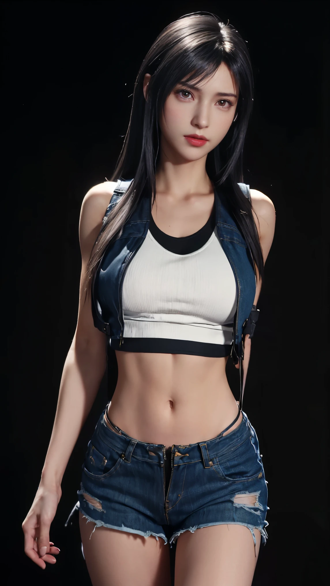 8K, Top Quality, Intricate Details, Ultra Detail, Ultra High Resolution, Masterpiece, close up shot, (full body: 1.1), Slender, Smile, (Makeup: 0.4), (walking), (Fluffy  Eyes: 1.21), ((bangs)), 1girl, solo, 1 girl, (((red eyes, black hair, bangs, long hair, )), ((Tifa,Tifa･lockhart,Final Fantasy 7,FF7,l)), close up shot, , ((tall)), (((fit body))), (((slim face))), sharp face, (( , torn denim , open denim  mini vest, open denim zip , open zip denim panties, no bra, no panties, no inwear, no underwear)) , (detailed face), sharp face, small lips, ( walking), walk pose, walking pose, 
 ((, )), , ((,)), detailed face, detailed breast, large breast, huge breast, (( )), detail ass, Narrow Waist, Skinny, tall , 175 cm tall, Muscular, Navel, Exposed Abdomen, Pointed Chest,, Beautiful girl with accentuated slender abs: 1.4, Six Pack Abs: 1.4,, Perfect Body, detail leg, (( dark background)), black background,