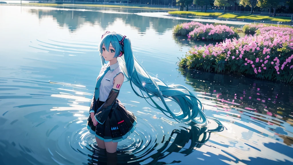 Hatsune Miku wearing a long transparent dress、Standing near a quiet lake。In the background is a calm water surface.、Flowers illuminated by the morning sun々is spreading、Her light blue hair is soft and shiny.。