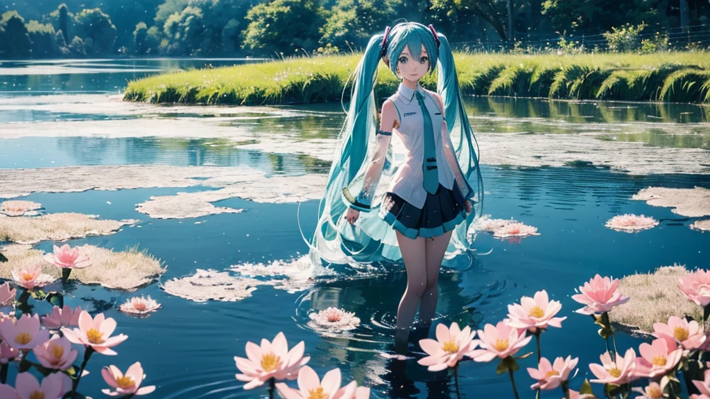 Hatsune Miku wearing a long transparent dress、Standing near a quiet lake。In the background is a calm water surface.、Flowers illuminated by the morning sun々is spreading、Her light blue hair is soft and shiny.。