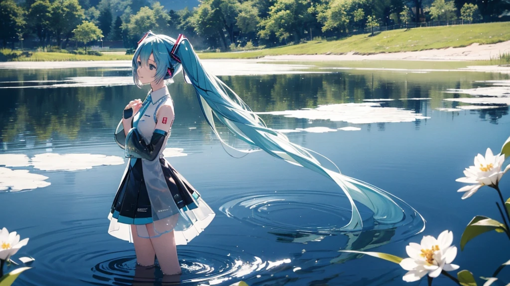 Hatsune Miku wearing a long transparent dress、Standing near a quiet lake。In the background is a calm water surface.、Flowers illuminated by the morning sun々is spreading、Her light blue hair is soft and shiny.。