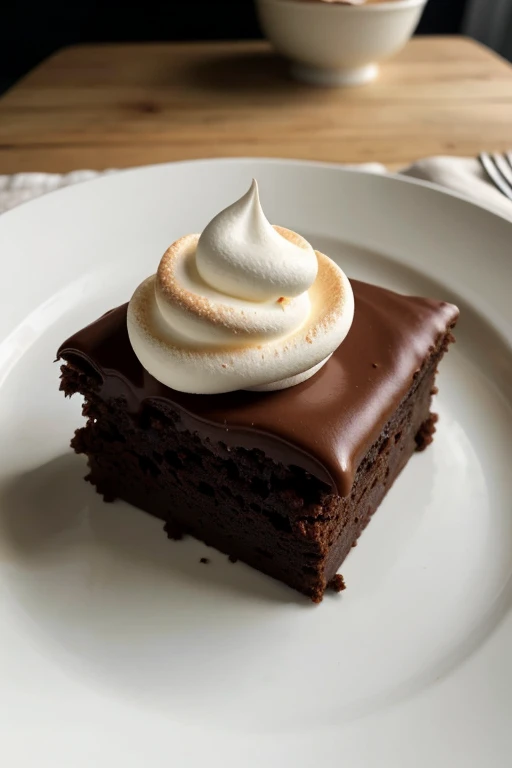 I want to create a close-up image of a brownie with very fresh Italian meringue; with a dim light. add the phrase Maggie&#39;s Cake below