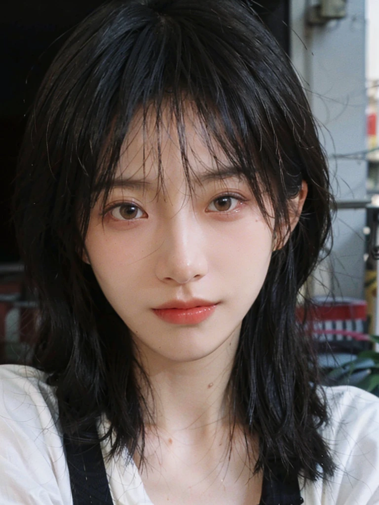 1 girl，short hair,A faint smile,Suspenders，Moles under the eyes,Exquisite eyes, Lipstick,earrings,Hair details, outdoor,background,城市background，(Skin details:1.4),(Realistic and detailed eyes：1.2）, Natural skin texture, Realistic facial details，Portrait Photography,(Portrait Photography:1.1), (smooth skin textures:1.3), (Highest quality real skin textures:1.4), Soft dramatic lighting, Vivid details, 35 mm film, (Photo Practical:1.4), (hyper Practical:1.4), (Practical:1.3), (Smoother lighting:1.05), (Improve lighting quality:0.9), (Enhance the beauty of skin texture:1.1), Depth of Field, Bokeh, Surrealism, Ray Tracing, ( Surrealism, High Detail, Chiaroscuro, Ray Tracing, reflected light, Ultra HD, Ultra HD, masterpiece, Textured Skin, Super Detail, High Detail, high quality, best quality
