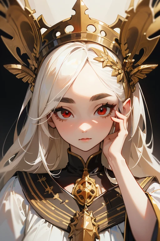 (Highest quality, masterpiece:1.2), High resolution, Very detailed, Realistic:1.37, Fantasy, An illustration, Red eyes, Queen, White Dress.The image of the face remains the same、Pupils are black、Gold decoration、Strong details、((Hair is white))、Thick eyebrows、