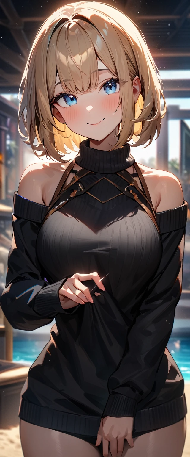 (((One girl))), ((beach)), noon, blond hair, bob cut, breasts, from front, (cowboy shot), standard body, (looking at viewer), ((black sweater)), ((off-shoulder knit sweater, Quite thick shoulder straps)), ((long juliet_sleeves)), teenager, head tilt:1.3, (((blue eye))), ((happy smile)), anime style, (best quality, 4k, 8k, highres, masterpiece:1.2, ultra-detailed, ultra-detailed eyes, HDR, UHD, studio lighting, ultra-fine painting, sharp focus, physically-based rendering, extreme detail description, professional, vivid colors, bokeh), ((Highest quality, Best image quality, Ultra-high resolution, Ultra-high resolution, solo, Strong eye highlights)), Depth of written boundary, Natural soft light, attractive, Beautiful Face, Cleanliness, Pure Face, nedium chest, Beautiful Face, Perfect Fingers, Perfect hands, Perfect body, Perfect Face, Shine a light into your eyes, Perfect Anatomy