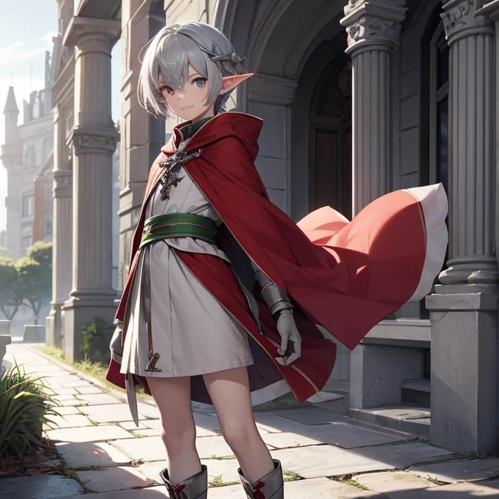 (Absurdres, best high quality, very detailed pixels and textures, carefully detailed quality, solo character alone, full character view)
{1character 9 years old male elf boy}, he has pale skin, dark blue thick messed hair, heterochromatic eyes, very thin lips, short body, cute arms, cute legs, (wearing a pale grey tunic, red red cloak, pale grey bracelets, grey gloves, pale grey boots, red and green hair pin), (holding a short silver knife), beautiful male kid, cute face, relaxed smile, adorable, cheerful.
Standing in dannish castle yard.