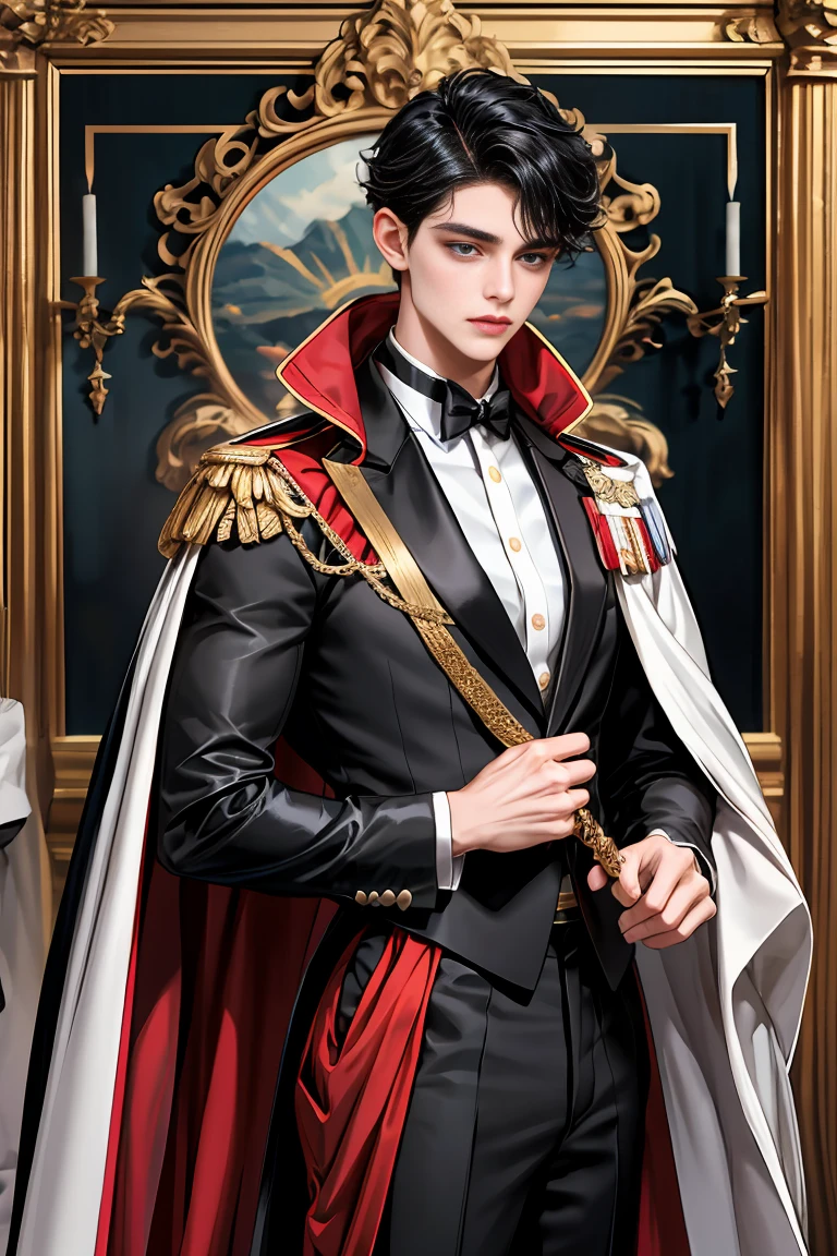 masterpiece, 最high quality, high quality, 1 boy, alone, Male focus, Watching the audience, Messy black hair, Adorable big blue eyes, White people, Noble, Noble,Sexy voluminous black and red cape、Tuxedo、A very voluminous, large, very large, very large, long, long red and black cape with a high stand-up collar, reaching down to the floor, made of a lot of fabric., 17 years old,Cute beautiful boys,Cute, cute, kind, handsome guy