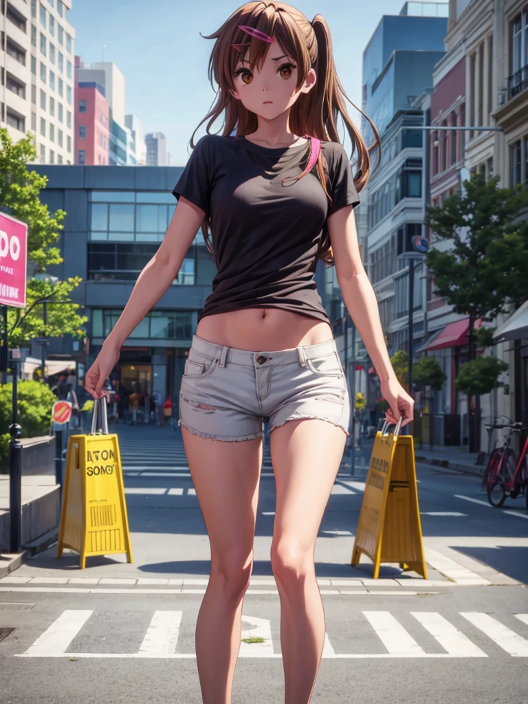 Girl, slim tight t-shirt, short tight short, navel shown, street background, openlegs, 
Full-length, Sneakers 