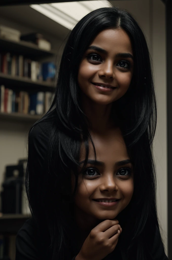 a dark creature, skin as dark as a shadow. Big eyes and tiny pupils, long and crooked neck, head tilted to the left, long, messy jet black hair, long and cynical smile up to the cheeks, a dark and gloomy room in the background.