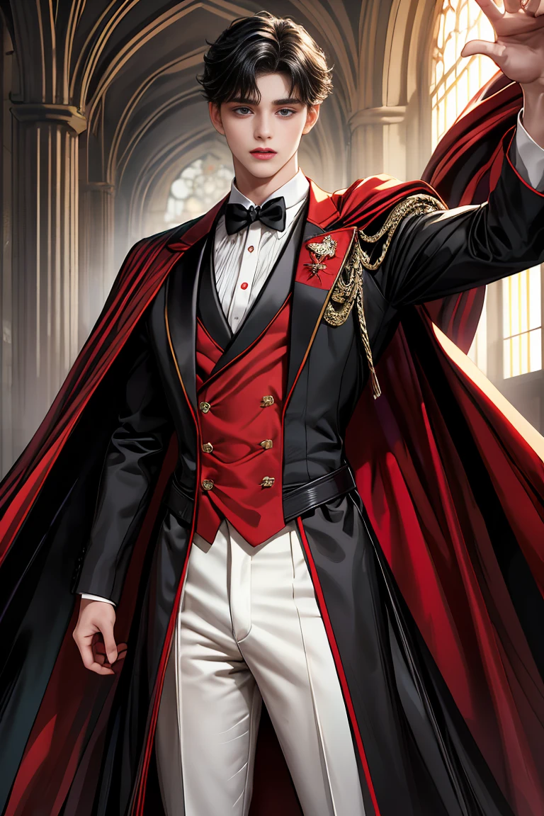 masterpiece, 最high quality, high quality, 1 boy, alone, Male focus, Watching the audience, Messy black hair, Adorable big blue eyes, White people, Noble, Noble,Sexy super volume and super long black and red cape、Tuxedo、A very voluminous, large, very large, very large, long, long red and black cape with a high stand-up collar, reaching down to the floor, made of a lot of fabric., 17 years old,Cute beautiful boys,Cute, cute, kind, handsome guy