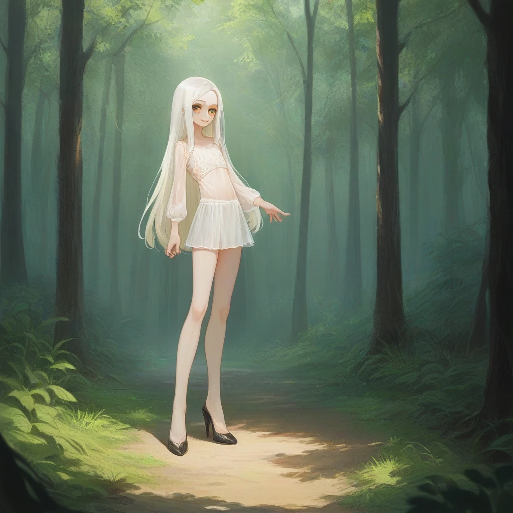 (RAW photos:1.2), (Reality:1.4),(masterpiece:1.3),(best quality:1.4),Ultra-high resolution,Human Development Report,8K, (Extremely detailed illustrations), 1 girl, Detailed beautiful face, Young Girls, Long hair,black，White hair，Long legs，Short skirt，High heel，Forest Background，Complex background，Smile,Solitary, Look at the audience,Clear background,illustration,painting,skectch,drawing,comic,アニメ,cartoon,rating_explicit Pony,Depth of Field, Natural Lighting,(see through silhouette),ulzzang-6500-v1.1:0.7