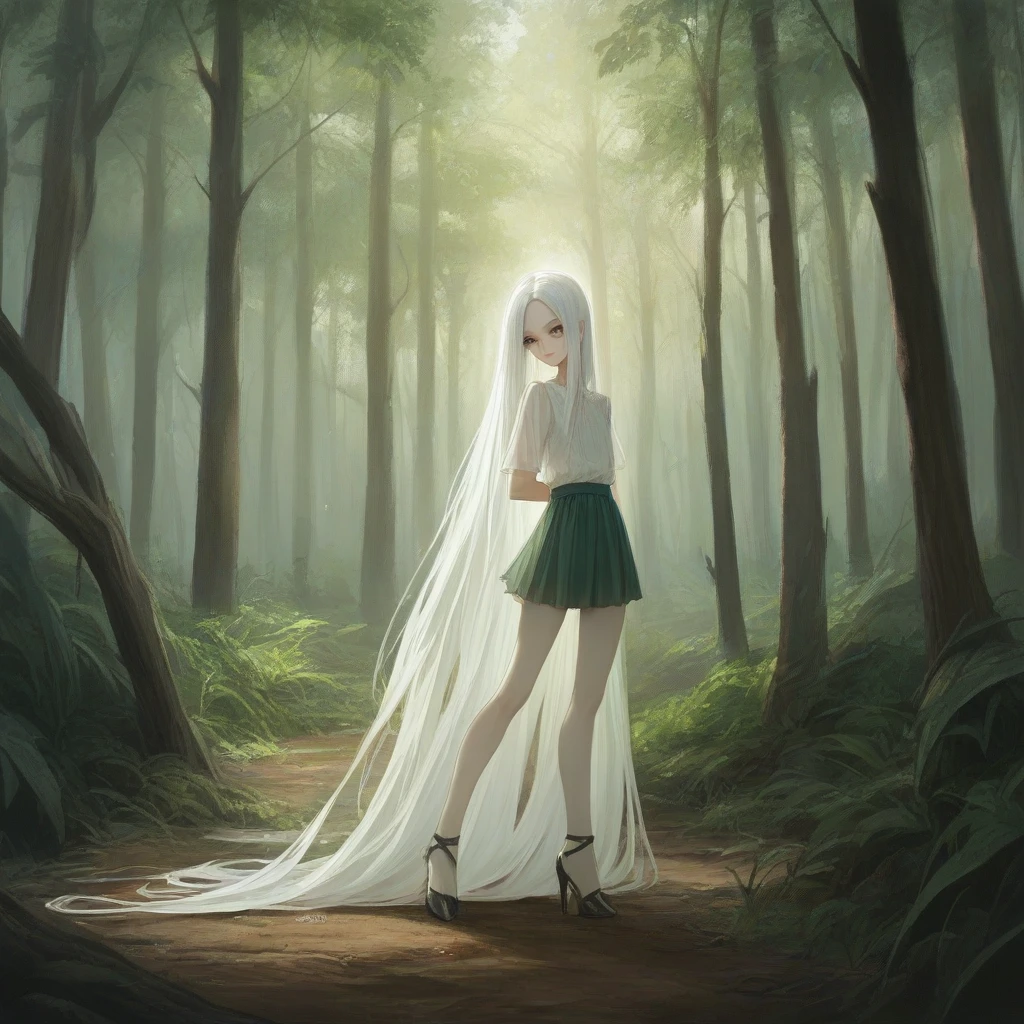 (RAW photos:1.2), (Reality:1.4),(masterpiece:1.3),(best quality:1.4),Ultra-high resolution,Human Development Report,8K, (Extremely detailed illustrations), 1 girl, Detailed beautiful face, Young Girls, Long hair,black，White hair，Long legs，Short skirt，High heel，Forest Background，Complex background，Smile,Solitary, Look at the audience,Clear background,illustration,painting,skectch,drawing,comic,アニメ,cartoon,rating_explicit Pony,Depth of Field, Natural Lighting,(see through silhouette),ulzzang-6500-v1.1:0.7