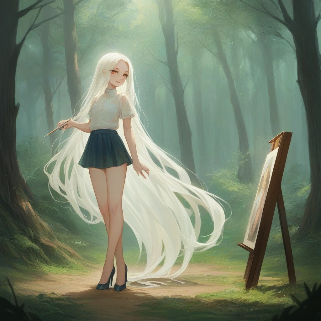 (RAW photos:1.2), (Reality:1.4),(masterpiece:1.3),(best quality:1.4),Ultra-high resolution,Human Development Report,8K, (Extremely detailed illustrations), 1 girl, Detailed beautiful face, Young Girls, Long hair,black，White hair，Long legs，Short skirt，High heel，Forest Background，Complex background，Smile,Solitary, Look at the audience,Clear background,illustration,painting,skectch,drawing,comic,アニメ,cartoon,rating_explicit Pony,Depth of Field, Natural Lighting,(see through silhouette),ulzzang-6500-v1.1:0.7