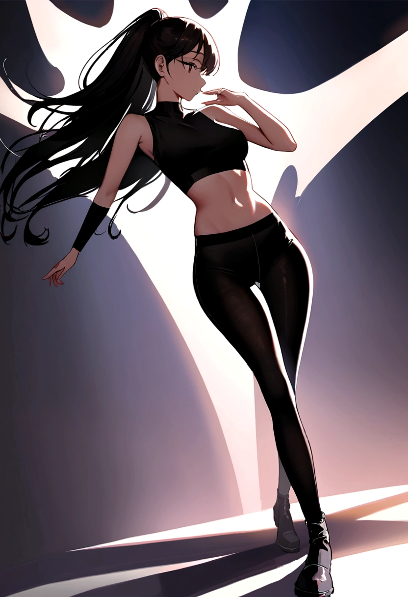 (cute girl:1.3) (extremely sexually pleased expression:1.1) (black mask) (black hoodie:1.3) (black skirt:1.2) (black tights:1.3) (black hair) (very curly hair:1.3) (short hair:1.1) (forhead:1.57) (brown eyes:1.57) (delicate figure) (very skinny figure:1.3) (extremely flat chest:1.4) (thin thighs:1.1) (best quality,4k,8k,highres), (soft pastel colors) (bright lighting) (kneeling pose:1.2) (on the floor:1.2) (white background)