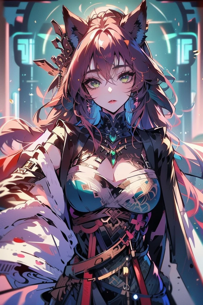 1woman, solo, long hair, pink hair, black choker, green eyes, eyeliner, gorgeous lips, cinematic, (masterpiece), (best quality), (ultra-detailed), very aesthetic, illustration, perfect composition, intricate details, absurdres, detailed face, motion blur, depth of field,detailed skin, eyeshadow, fox girl, fox tail, fox ears, wet, towel on the body