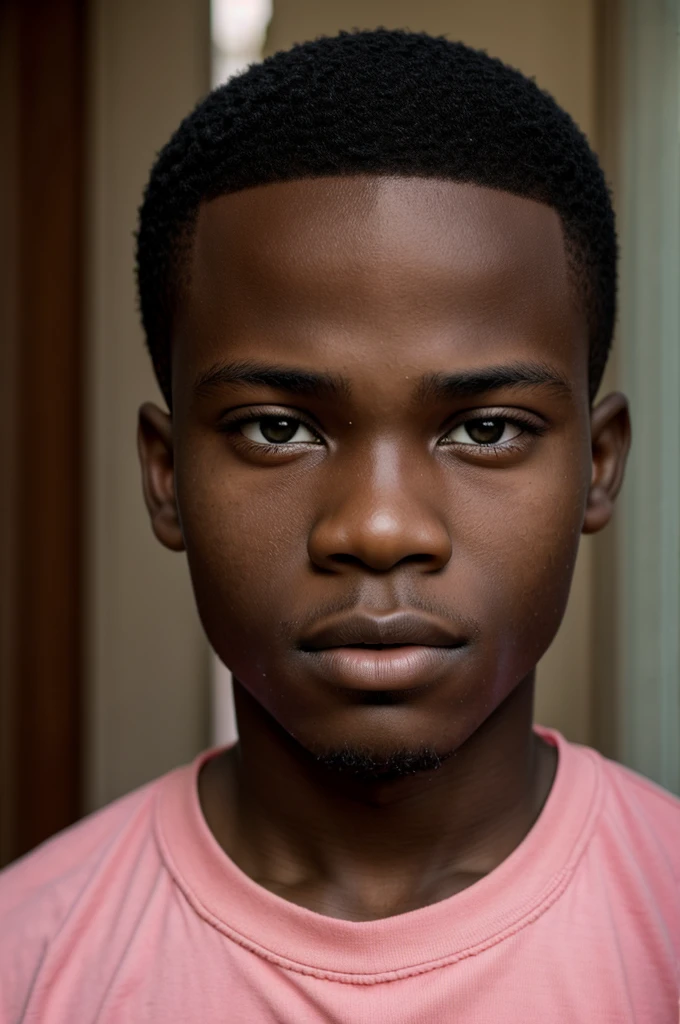 An African boy with a penetrating gaze, thick, half-pink lips, He must be serious and have dark eyes, he must be between -19 and he must be a little far from the camera., but it doesn't have any accessories, just a shirt and his suit