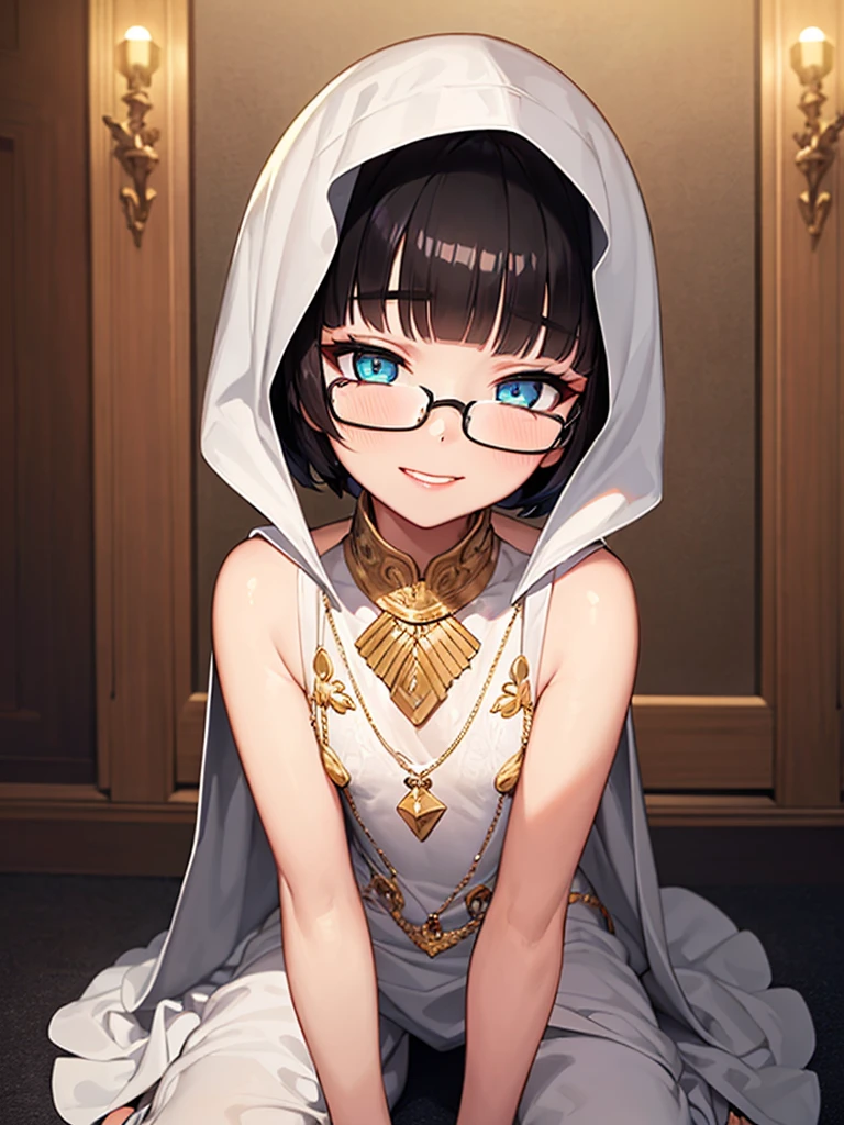 (1 boy 20 years old solo:1.4),(flat chest),(dark skin), (masterpiece:1.2), highest quality, High resolution, unity 8k wallpaper, (fine and beautiful eyes:1.6), highly detailed face, perfect lighting, Detailed CG, (perfect hands, perfect anatomy), detailed eyes, best quality, extremely detailed, very precise detailed,(glasses:1.4), (blunt bangs:1.3),(arabian clothes:1.5), (very short pixie cut:1.2), (evil smile),(blush),(kneeling:1.3),midrrif