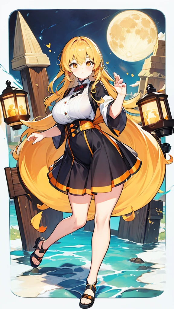 Full body, Cute, , Big breasts, Honey blonde hair, Orange eyes, Full moon, Bed