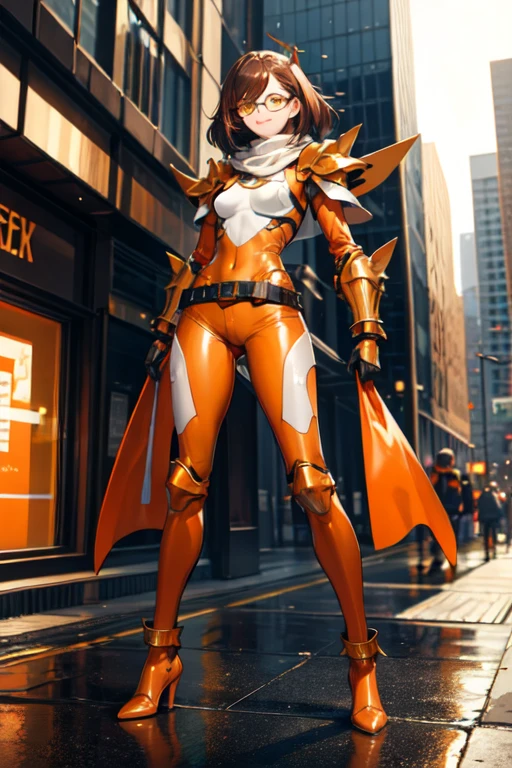 ((best quality)), ((masterpiece)), (detailed), 1 girl, full body, 20s, young adult, aviator glasses, evil smile, long white scarf, gremlin, yellow eyes, brown neck, somewhat short, very thin, hunched over, spikes on forearms, brown details, large brown gloves, orange wristbands, orange nanotech suit, light armor, orange breastplate with an emblem, high shoulder pads, orange suit with brown stripes, brown tiger stripes, triangle emblem on her chest, very small breasts, orange emblem, orange pants, orange knee pads, metallic orange boots, metallic orange shoes, brown superhero belt, standing on a building, city background, anime