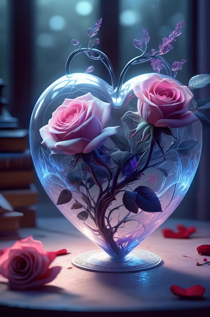 digital art,Concept Art,octane rendering,unreal engine,dreamlike scenes,delicate and rich light and color,superb light and shadow effects and color matching,aesthetic and romantic,Surrealistic,magical,fantasist,fantastic,
A glowing [pink|purple] rose and some glowing blue plants in a transparent (heart-shaped:1.5) glass container,
this container in a love story book,extremely romantic mood,nostalgic atmosphere,gentle light and lingering composition,depth of field,DonMW15pXL,ice，Red Rose