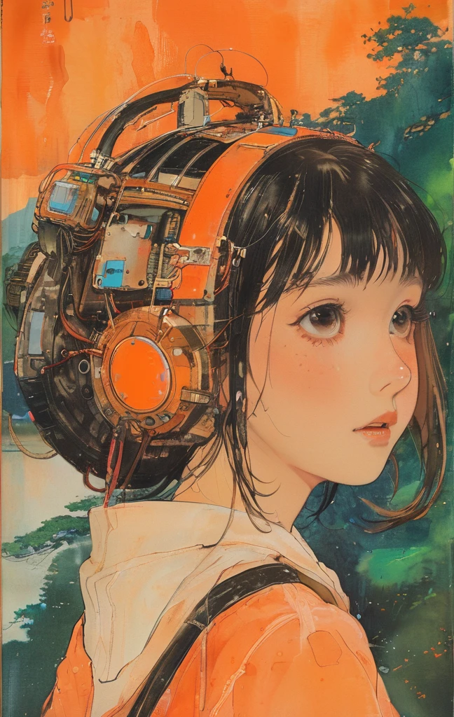(realistic:1.1),ghibli ,anime ,(childen girl ,1girl ),,lip, Laplap,Fiberglass, fluorescent orange gradient background, Rust hair,Blunt bangs hair, Asian ,, (masterpiece,best quality,niji style)
