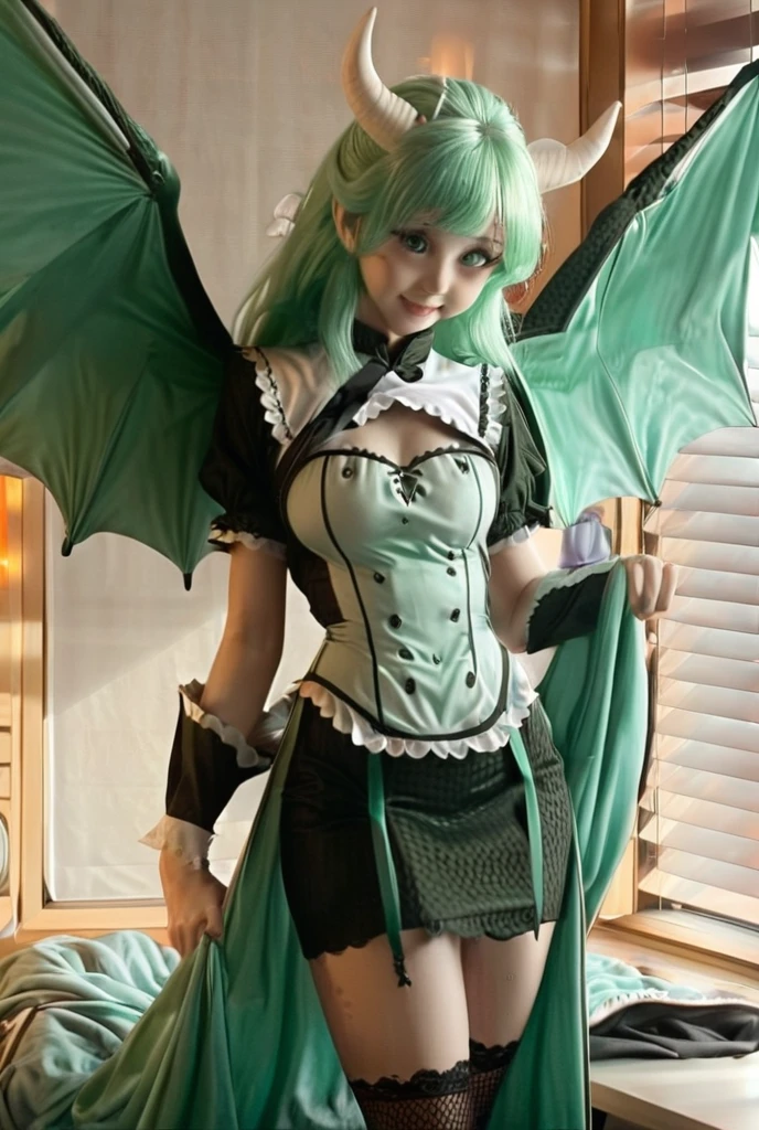 A maid stands beside a bed, illuminated by the soft morning light filtering through the curtains. She has long, soft green hair cascading over her shoulders and striking green eyes. Her white, smooth skin features patches of green scales on her wings, tail, cheeks, thighs, and the sides of her stomach. She also has small, curved horns on her head. Her wings are small and dragon-like, and her tail is covered in green scales. The scales on her body shimmer slightly in the light. She is wearing a black and white maid outfit designed to be both practical and alluring, with a form-fitting bodice and a short skirt that accentuates her graceful figure. Her outfit also has delicate lace trims and a small apron tied at the waist. Her expression is firm yet concerned as she looks down, focusing on her detailed and unique appearance. The room is softly lit with morning light, highlighting her striking features and the intricate details of her outfit and scales
