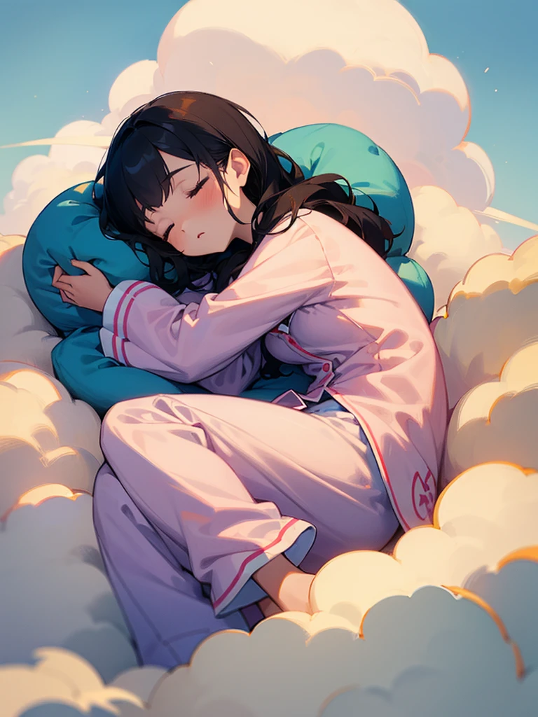 ((Girl sleeping on a cloud))  pajamas holding a stuffed animal