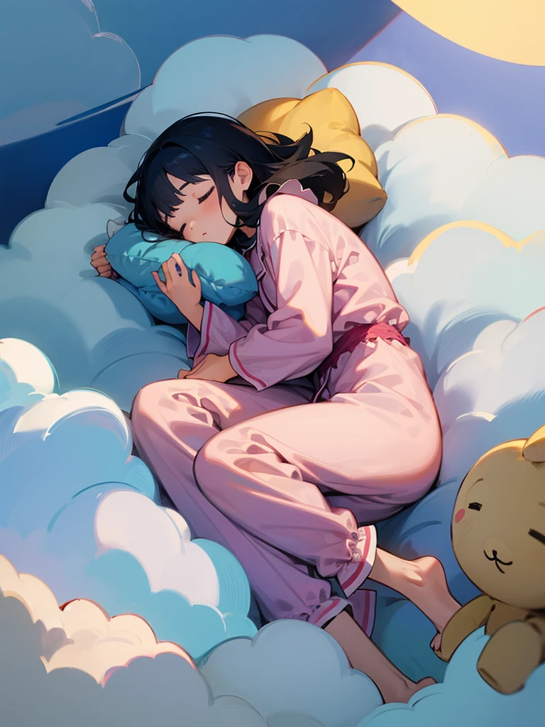 ((Girl sleeping on a cloud)) pajamas holding a stuffed animal