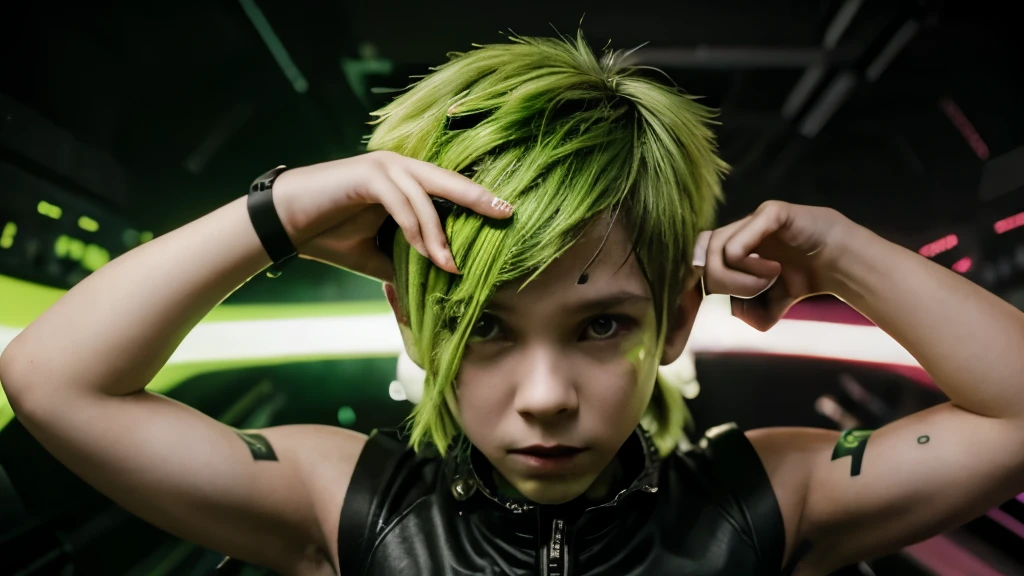 Make it an 6 boy with green hear in an cyber wold cyber punk